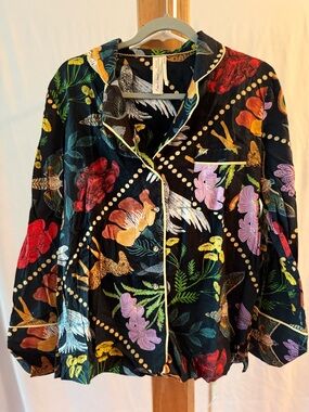 Anthropologie Black Floral-Print Satin Button-Up Pajama Top